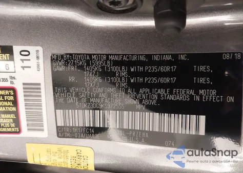 2019 Toyota Sienna Le 8 Passenger z USA, uszkodzony, nr VIN 5TDKZ3DC9KS972555